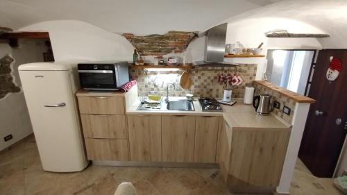 阿伦扎诺Dal Pescatore的一间带水槽和冰箱的小厨房