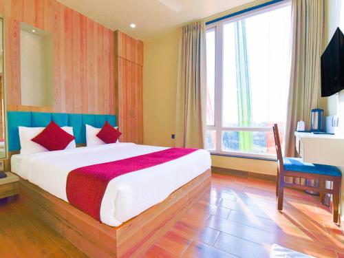 斋浦尔Hotel Anju Shree Inn的一间卧室设有一张大床和一个大窗户