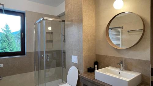 锡纳亚PENTA Apartments的一间带卫生间、水槽和镜子的浴室