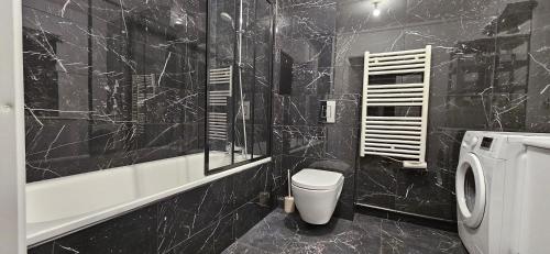 贝宗Cosy'part Gold.的黑色瓷砖浴室设有卫生间和淋浴。