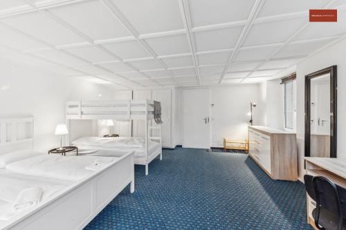 迪蒂孔Budget Living in the outskirts of Zurich的白色的客房配有两张床和镜子