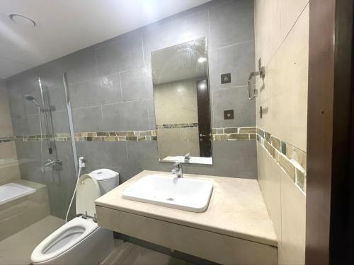 阿布扎比Heart of Abu Dhabi - Elite Community的一间带水槽、卫生间和镜子的浴室