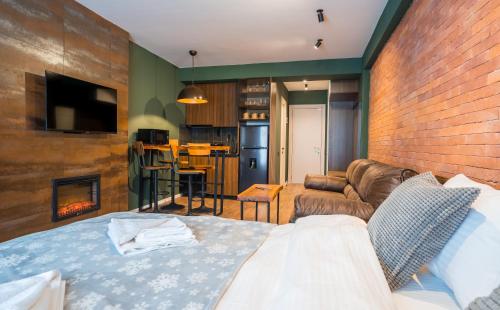 古多里New Gudauri Sweet Apartment With Fireplace and view The Gondola Lift的客房设有床、沙发和壁炉。