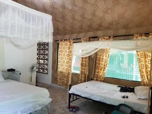 KwangwaziThe Nyerere Selous Ngalawa Tented Camp的一间卧室设有两张床和窗户。