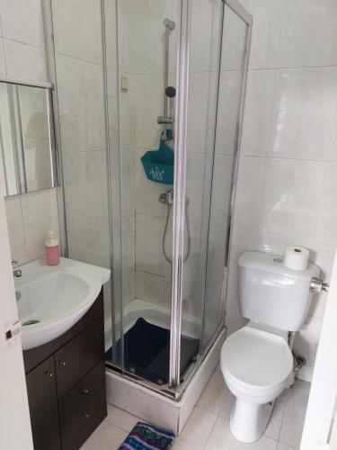 布拉加Guest House Sir Manuel - Unidade São Vicente的带淋浴、卫生间和盥洗盆的浴室