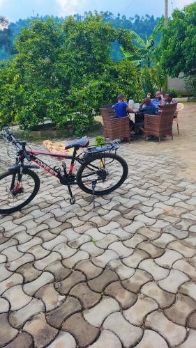 KisoroMuhabura view imfizi farmhouse的一辆自行车停在石头庭院里,人们坐在桌子上