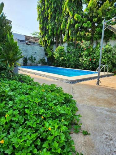 洛美Escapade dans un jardin avec piscine的庭院里种有植物的游泳池
