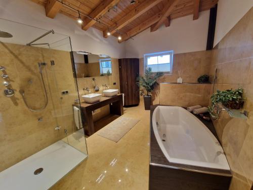 奥贝朴菲斯DSW Ferienhaus的带浴缸、淋浴和盥洗盆的浴室