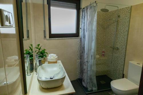 科维良Casa Angulosa的一间带水槽、卫生间和淋浴的浴室