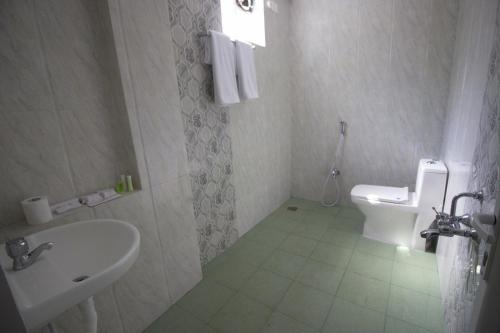 蓬蒂切里Serenity Sands Beach Resort的白色的浴室设有水槽和卫生间。