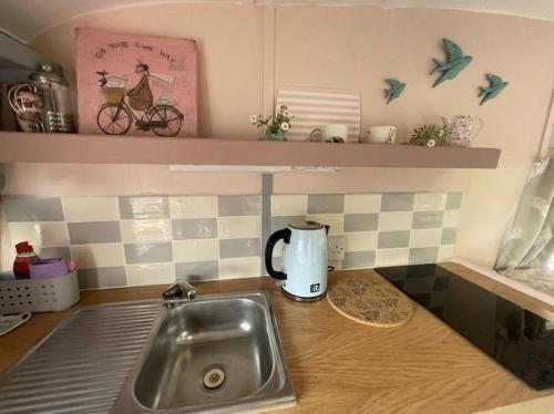 WigtonMolly The Vintage Caravan.的厨房柜台配有水槽和咖啡壶