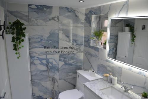 罗姆福特Cozy, modern, spacious 4 bedroom house in london的一间带卫生间、水槽和镜子的浴室