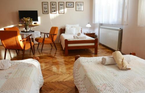斯雷姆斯基卡尔洛夫奇Sobe Gajić Sremski Karlovci的一间卧室配有两张床、一张桌子和一张桌子