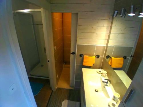 EyliacLe Chaubier的浴室设有水槽和带黄毛巾的淋浴。
