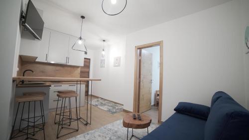 亚霍里纳Madulo apartman的一间带蓝色沙发的客厅和一间厨房