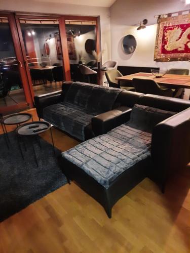 斯科普里Penthouse的客厅配有黑色沙发和桌子