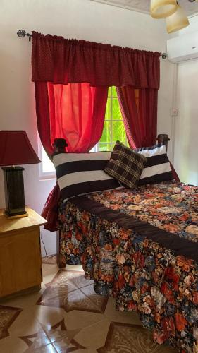 Union IslandCool Breeze Suites的一间卧室配有一张带红色窗帘的床和窗户