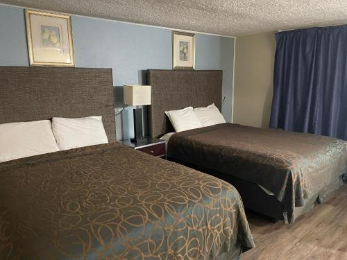 尼法游猎汽车旅馆的酒店客房,设有两张床和蓝色的墙壁