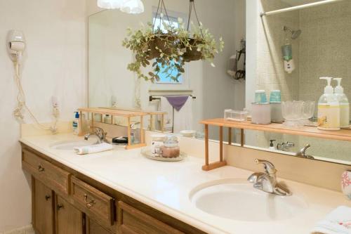 休斯顿2 room luxury suite near airport & The Woodlands的一间带两个盥洗盆和大镜子的浴室