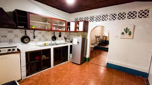 莱昂Hostal El Rio的厨房配有水槽和冰箱