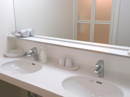 汤泽町汤泽新大谷日式旅馆的一间带水槽和镜子的浴室