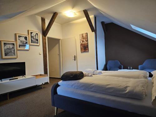 因德日赫城堡比拉帕尼酒店的一间卧室配有两张床和一台平面电视