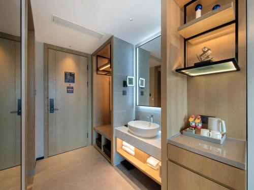 成都丽柏酒店成都四河地铁站新川店的一间带水槽和镜子的浴室