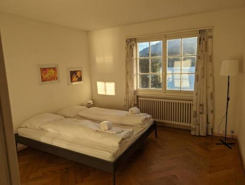 卢塞恩Charming house with a lake view的一间卧室设有两张床和窗户。