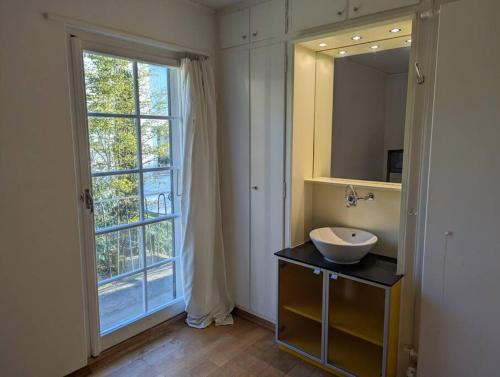 卢塞恩Charming house with a lake view的一间带水槽和大窗户的浴室