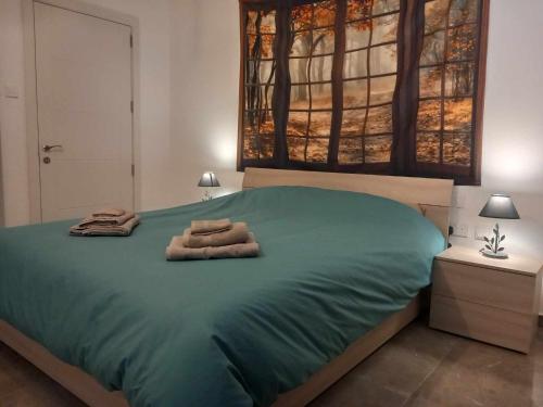 马尔萨斯卡拉Apartment in Marsaskala的一间卧室配有一张床,上面有两条毛巾
