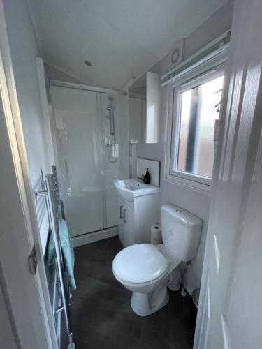 洪德洛Luxe chalet (gloednieuw!) in Hoenderloo的白色的浴室设有卫生间和水槽。
