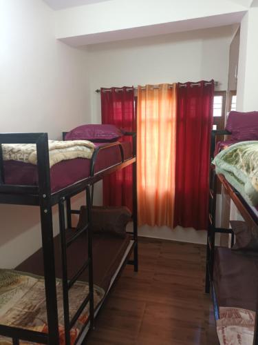 西姆拉Him Aaranya Home stay Shimla的客房设有三张双层床和一扇窗户。