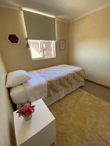 比亚里卡Departamento nuevo y acogedor的一间卧室配有一张床、一张桌子和一个窗户。
