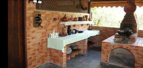 Rio NovoHOTEL FAZENDA CANARIO DA TERRA的厨房里设有带壁炉的砖墙