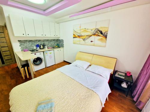 阿拉木图Двухместные апартаменты со всеми удобствами的一间带床的小卧室和一间厨房