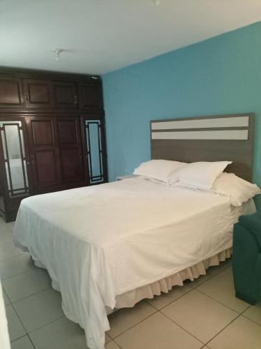 Villa NuevaHabitación cómoda的一间卧室配有一张白色大床和蓝色的墙壁