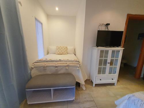 罗阿坦Las Palmas Joliet的小房间设有床铺和电视