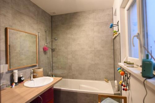 朗斯Maison cosy dans le centre ville de Lens的浴室配有盥洗盆和浴缸。
