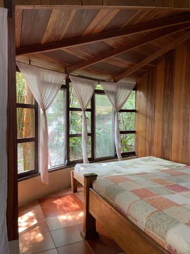 El EstorHotel Ecológico Cabañas del Lago的一间卧室设有天蓬床和窗户