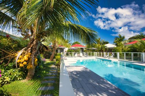 圣弗朗索瓦Hôtel & Villa Le Cocotel的游泳池旁的棕榈树