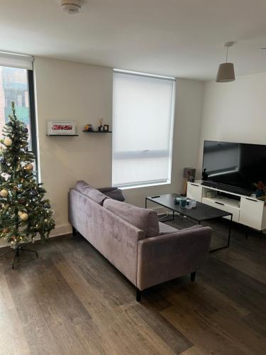 海维康Stunning Modern Apartment的带沙发和圣诞树的客厅