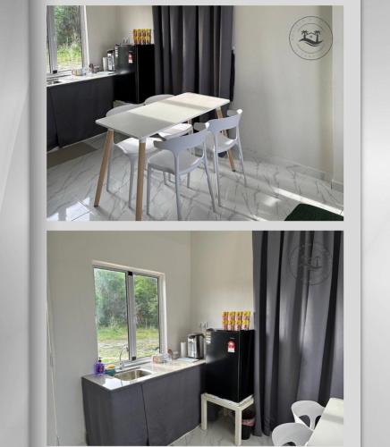 巴佐Bonjour mini house & campsite的两张带桌椅的房间的照片