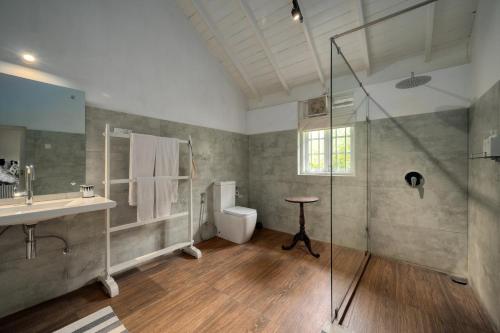 努沃勒埃利耶Ferncliff Bungalow的带淋浴、卫生间和盥洗盆的浴室