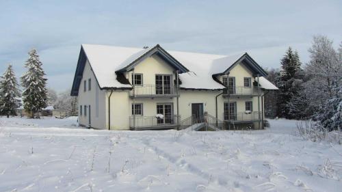 NeuenbauAm Alten Forsthaus的田野上被雪覆盖的房子