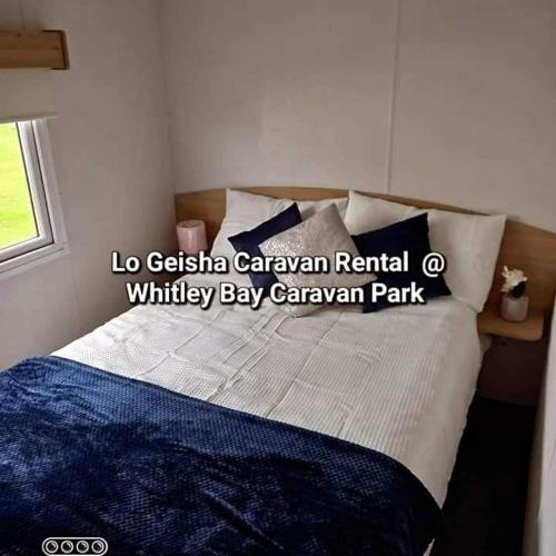 惠特利湾Lo Geisha Caravan Rental at Whitley Bay Caravan Park的一间卧室配有一张带蓝色和白色枕头的床