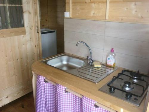 圣皮索内维尔camping Manex的厨房配有水槽和炉灶