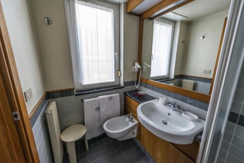 梅佐科罗纳德拉戈酒店的一间带水槽、卫生间和镜子的浴室