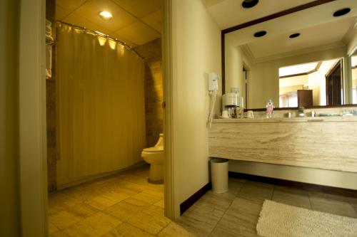 危地马拉危地马拉克拉丽奥套房酒店的一间带水槽、卫生间和镜子的浴室