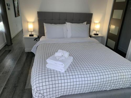 肖维尼根Parc de l'Île Melville 1 - Maison flottante的一间卧室配有一张带毛巾和两盏灯的床。