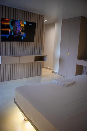 新洛哈Hotel Amazonas Suite , suite lujosa的一间卧室配有一张床,墙上配有电视